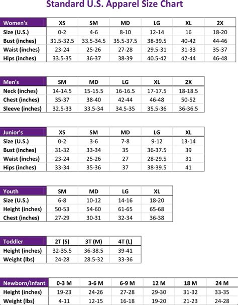 Standard Clothing Size Chart