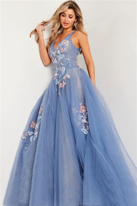 Blue Floral Appliques V Neck Ballgown 37468 - Jovani