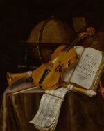 Vanitas still life with a violin, recorders, music manuscripts, and a ...