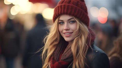 Premium Photo | Generative AI Beautiful young woman in the Christmas fair blurred background ...