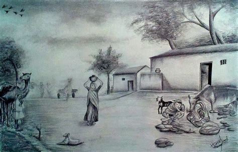 Pencil Scene Pencil Village Nature Drawing - Insight from Leticia