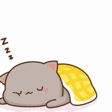 a gray cat sleeping on top of a yellow blanket with its eyes closed and it's head down