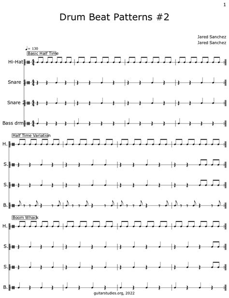 Drum Beat Patterns #2 - Sheet music for Closed Hi-hat, Marching Snare Drums, Acoustic Bass Drum