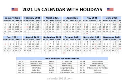 Federal Holidays 2021 Calendar Printable : 2021 Calendar With Holidays ...