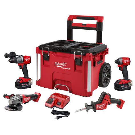 Milwaukee 2997-24PO M18 FUEL 18V 4 Tool Combo PACKOUT Kit w/ Rolling T ...