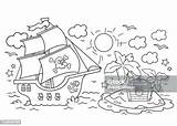 Coloring Page Outline Of Cartoon Pirate Ship With Treasure Island  sketch template