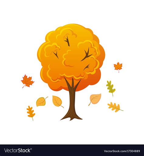 Cartoon style autumn tree with leaves falling down