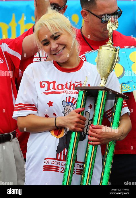 Miki Sudo celebrates after winning at the Nathan's Famous Fourth of July International Hot Dog ...