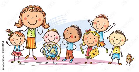 Happy schoolkids with their teacher, school or kindergarten clipart Stock-Vektorgrafik | Adobe Stock