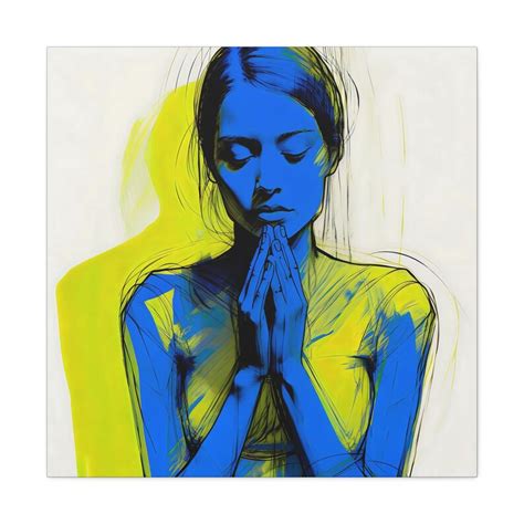 Abstract Woman Prayer Pose Art Higher Vibrations Artwork Blue Yellow Modern Meditation Room Wall ...