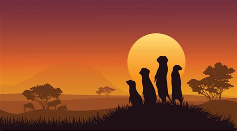 Meerkats in African Landscape at Sunset. Vector illustration of sunset ...