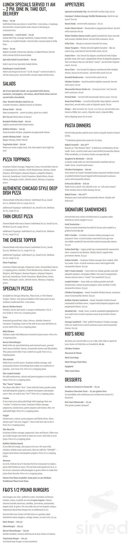 F&O's / Felix and Oscars menu in Des Moines, Iowa, USA