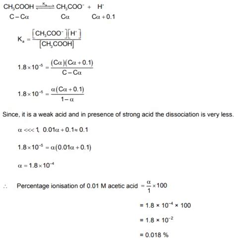 calculate the percentage ionization of 0.01M acetic acid in 0.1M HCl Ka ...