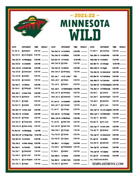 Printable 2021-2022 Minnesota Wild Schedule