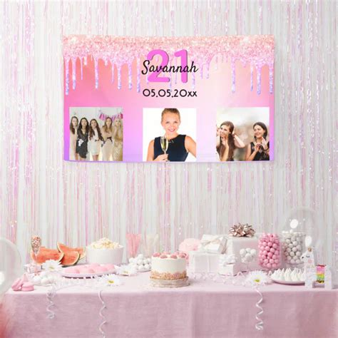 21st birthday rose gold purple pink glitter photo banner | Zazzle