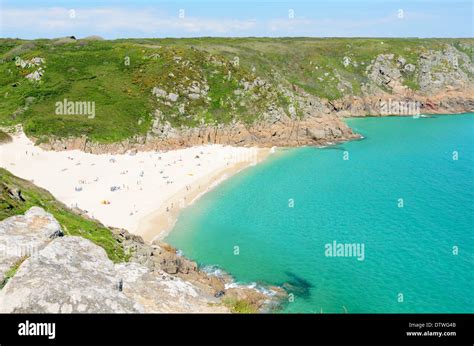 View of Porthcurno Beach near Penzance Cornwall England Stock Photo - Alamy