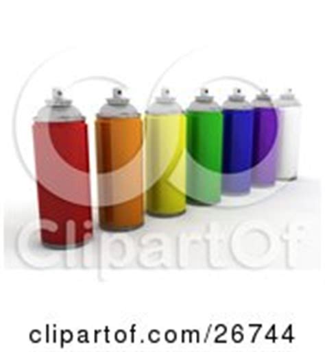 Cans Of White, Purple, Blue, Green, Yellow, Orange And Red Spray Paint Resting On A White ...