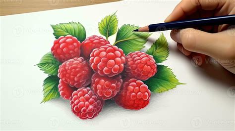 3D Art Presenting Image of Hand Drawing Realistic Raspberry with Pencil ...