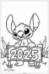 Stitch holding A 2025 sign Coloring Page Free PDF&ampPNG Printable sketch template