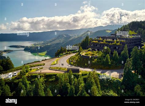 Aerial shot picturesque paradise of Sete Cidades in Azores, Sao Miguel. Volcanic craters and ...