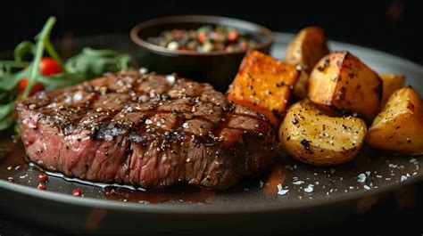 Fast food, close-up of grilled steak, food presentation techniques in ...