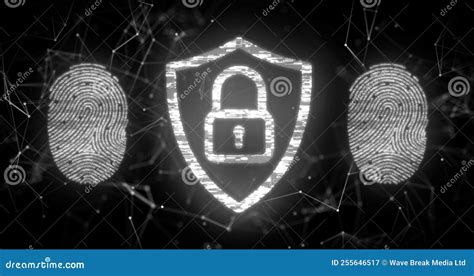 Fingerprint Scanner and Security Padlock Icon Against Network of Connections Stock Illustration ...