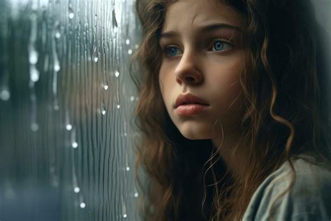 A young girl sad of sit on the edge the window with raindrops on the glass window on a rainy day ...