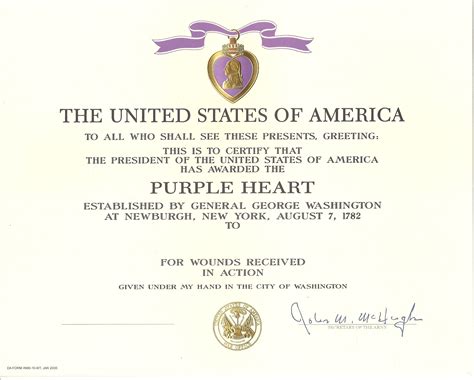 Genuine Purple Heart Medal Award Certificate