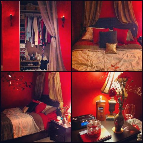 Red wall, curtain covering closet | Bedroom red, Bedroom colors, Bedroom diy