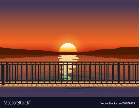 Landscape wooden bridge on beach in sunset Vector Image