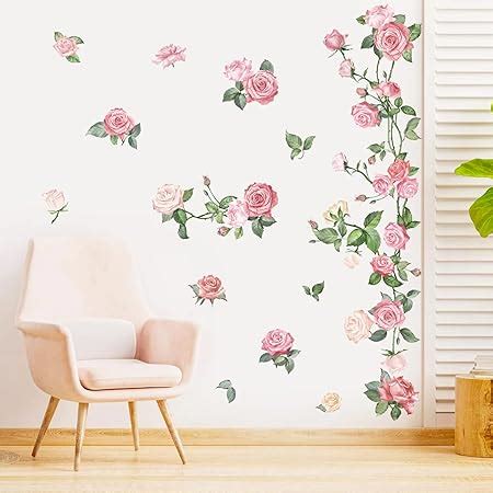 decalmile 16 Pink Rose Wall Stickers Removable Flower Wall Decals Bedroom Living Room Wall Art ...