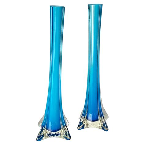 Decorative Vintage Blue Glass Sliflore Vase in Glass France circa 1960 Set of 2 For Sale at 1stDibs