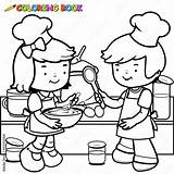 Children Cooking In The Kitchen Vector Black And white coloring Page  sketch template
