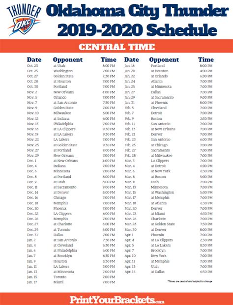 Thunder Schedule Printable - Printable Word Searches