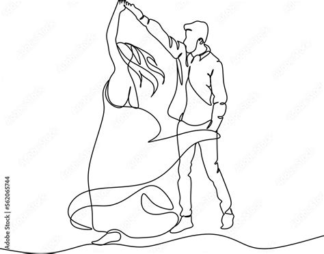 Single one line drawing happy cute married man and woman dancing on the floor at party park ...