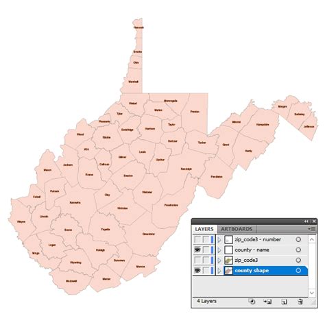 West Virginia 3 digit zip code and county vector map - Your-Vector-Maps.com