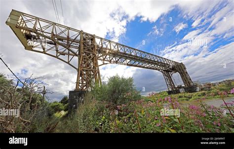 Warrington historic transporter bridge, over the Mersey river at Bank ...