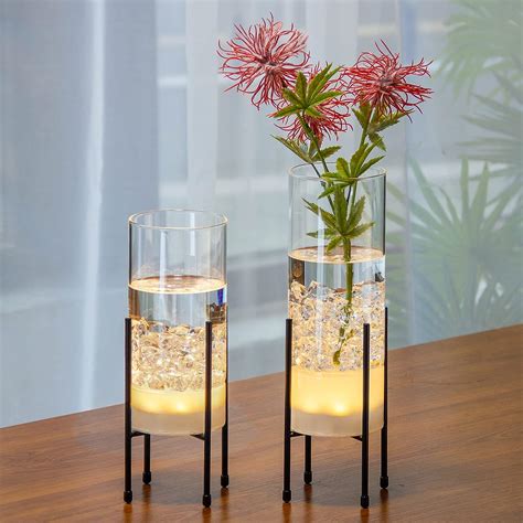 Flower Vase for Decor, Glass Table Vase Set for Flowers Plants, Clear Vase with Black Stand ...