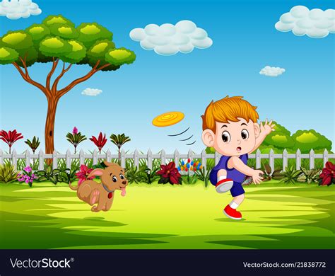 Boy are playing frisbee with his dog Royalty Free Vector