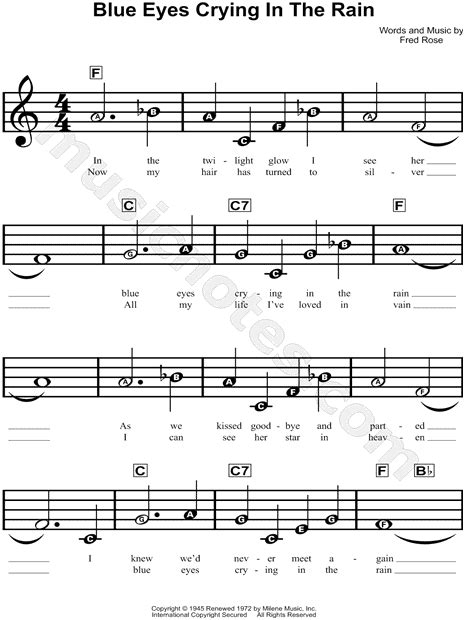 Willie Nelson "Blue Eyes Crying in the Rain" Sheet Music for Beginners in F Major - Download ...