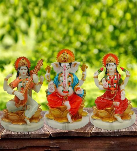 Buy Multicolour Marble Handpainted Laxmi, Ganesh and Saraswati Idol ...