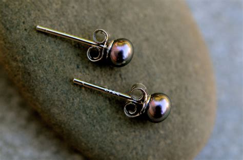4mm Black Pearl Earring Studs Small Black Pearl Earrings | Etsy