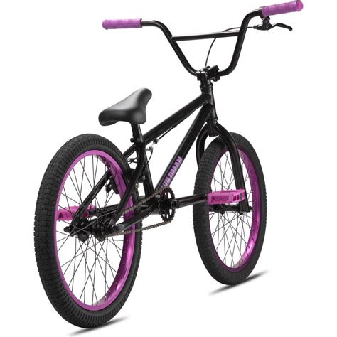 a black and purple bike with pink spokes