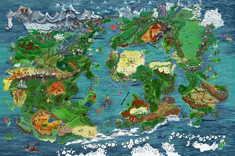 an illustrated map of the world with mountains and lakes in green, blue, and white colors