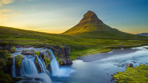 nature, Kirkjufell, water, sky, grass, Iceland, plants, landscape, clouds, sunset, mountains ...