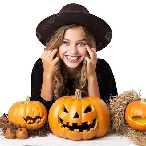 Teenage Girl Among Decor For Halloween Holiday, Huge Pumpkin In Her Hand, Close Up Photo ...