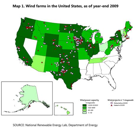 Map 1. Wind farms in the United States, as of year-end 2009