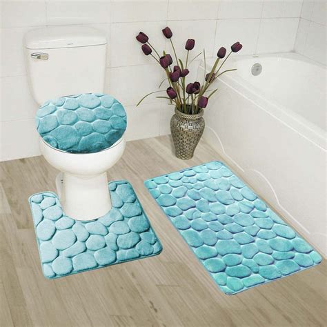 AQUA 3-Piece Rock Memory Foam Bathroom Mat Set, Flannel Embossed Rug 19"x 30", Contour Mat 19 ...