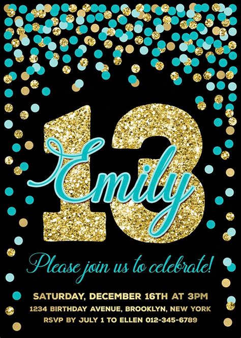 13th Birthday Invitation Printable Teal and Gold Invitations | Etsy