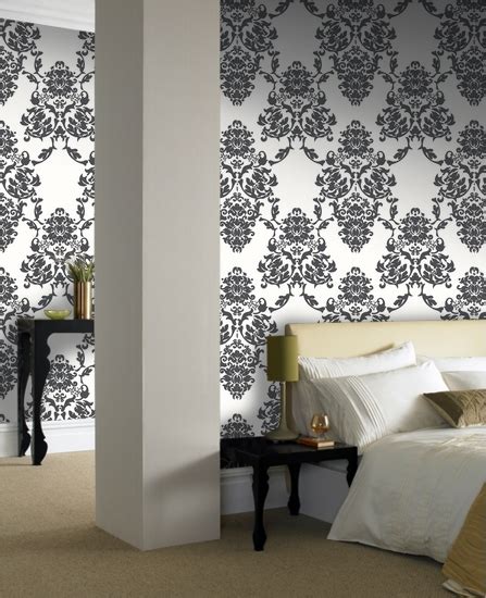 Interior Bedroom decorating with damask wallpaper designs